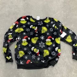 NEW Dr Seuss How Grinch Stole Christmas Minky Sweatshirt- BLACK w Allover Grinch 3XL