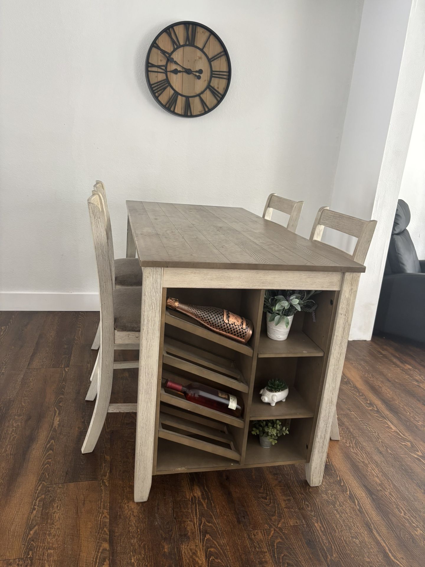 5 Pc Rectangle Ashleys Wood Dining Table Set Wine Rack W/shelves High Rise Chairs 🪑 Must Sell
