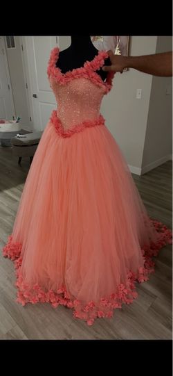 Coral Tulle Ball Gown with Floral Detail
