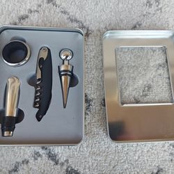 4-Piece Wine Accessory Set, Stainless Steel, Metal Box, Like New
