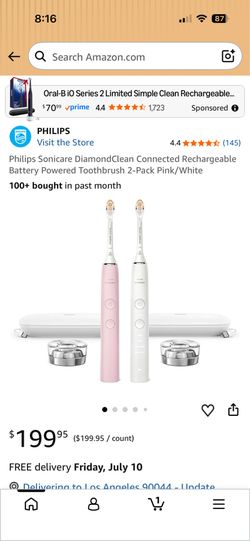 Philips Sonicare DiamondClean Connected Rechargeable Battery Powered Toothbrush 2-Pack Pink/White