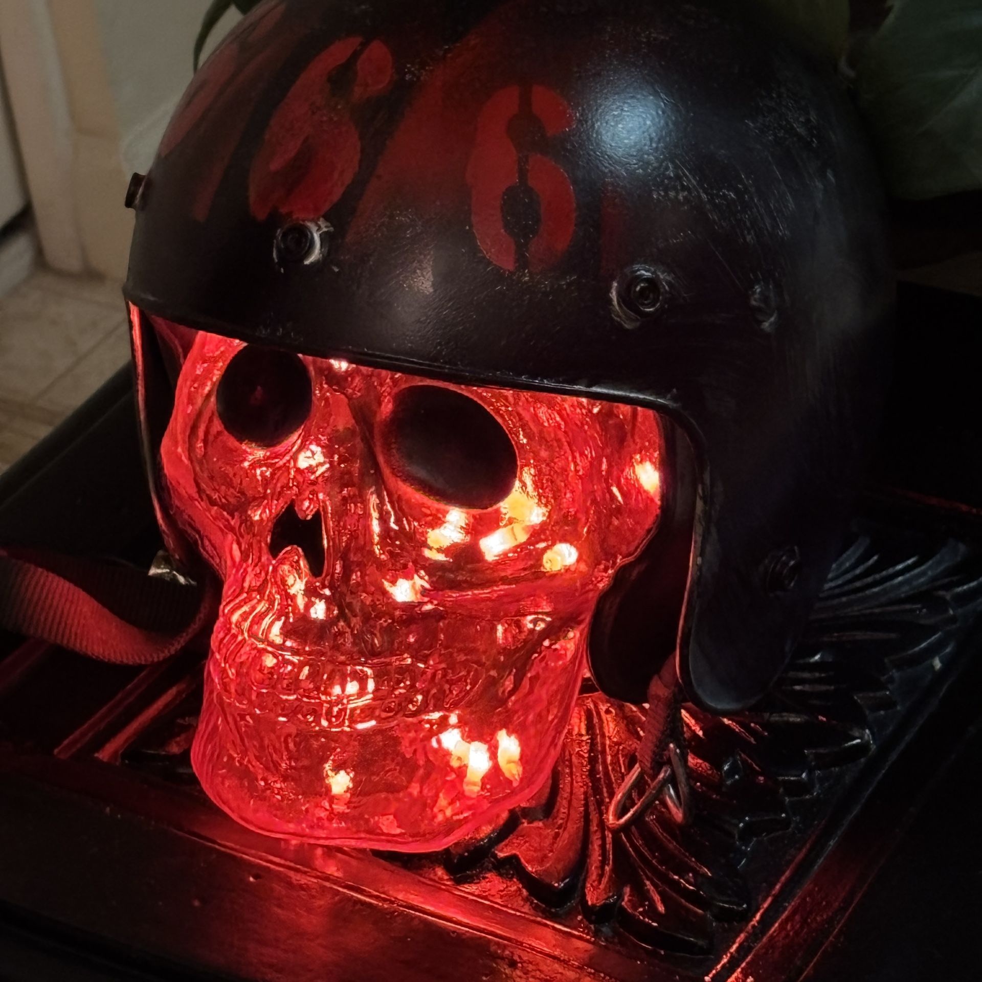 Halloween Light Up Skull With 666 Helmet Decoration
