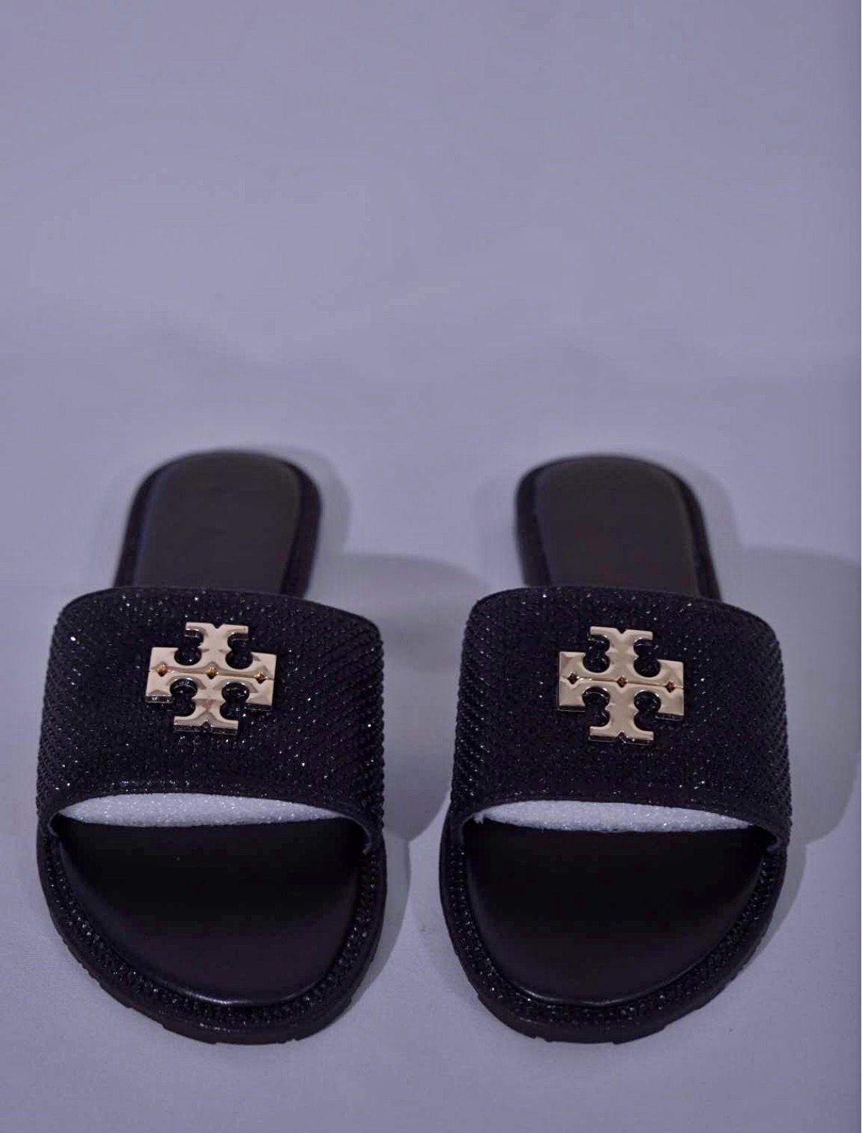 Black and Gold Rhinestone Tory Burch Sandals