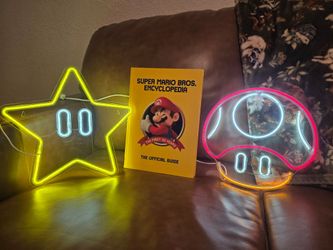 🎮 Super Mario Decor Bundle – Neon Lights + Official Encyclopedia 🍄⭐