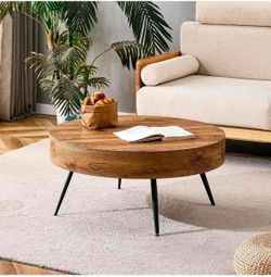 Round Coffee Table Rustic Wooden Grain and Black Metal Modern Coffee Table,31 Inch Industrial Style Round Wood Grain Top