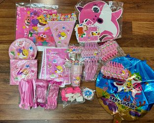 Baby shark pink birthday party decorations supplies.