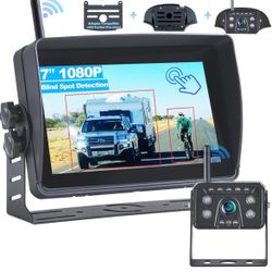 Wireless RV Backup Camera System with Blind Spot Detection, 7'' HD Touch Screen Monitor with 1080P Rear View Camera, Loop Recording IP69 Waterproof IR