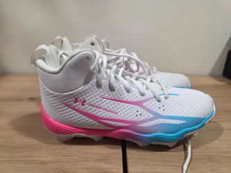 Under Armour Spotlight Hammer RM Football Cleat - White/Blue/Pink - Youth 6 - Used in Good Condition
