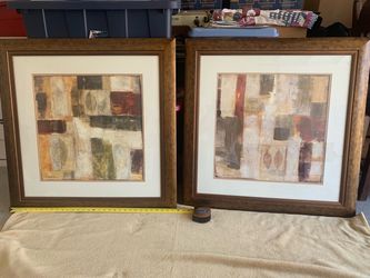 Beautiful set of two abstract prints under 32” glass and bronze frames.