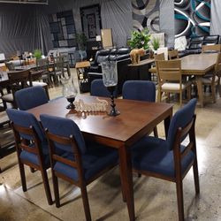 7 Pc  Dining Set With Blue Cushion Chairs (New)