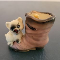 Kitten on Boot Ceramic Figurine by Karen Carson Creations with Candle