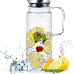 50oz/1.5L Glass Pitcher with Stainless Steel Lid, Water Pitcher with Spout & Handle, Iced Tea Jug with Scale Line for Lemonade/Milk/Cold/Hot Beverage,