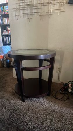 Round Dark Wood End Table with Glass Top