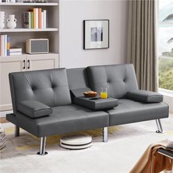 Modern Faux Leather Convertible Futon Sofa Bed with Cup Holders, Gray