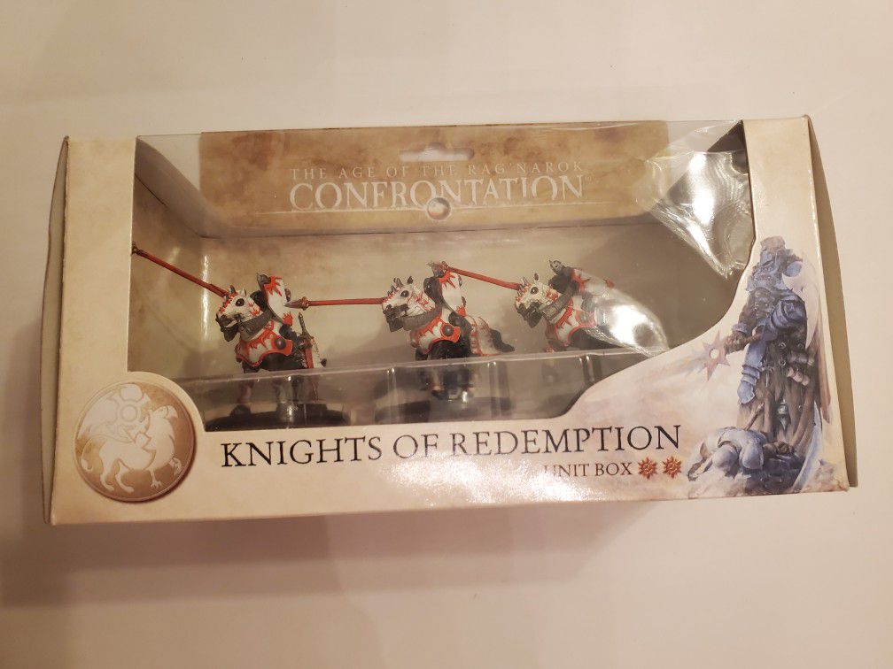Rackham Confrontation Griffin 3 Mounted Knights of Redemption Cavalry Unit box
Excellent condition,  appears unused
The age of the Rag'Narok Confronta