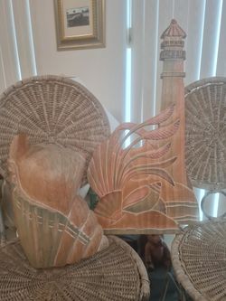BEACH NAUTICAL CARVED WOODEN DECOR LIGHTHOUSE SEASHELL