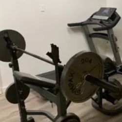 Home Gym. Bench w/ Weights. Treadmill. Cycle