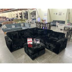 Black Jumbo Corduroy Sectional Sofa With Ottoman  99"W X 99"W X 34"H