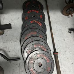 190lbs ethos bumper plate set + barbell