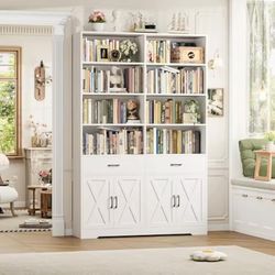 78" Tall Bookshelf with Doors, Double Wide Bookshelf with Storage Drawers, Large Bookcase with Cabinet and 8 Open Display Shelves, Farmhouse Wood Book
