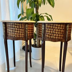 French Antique - Wood Marquetry End Tables