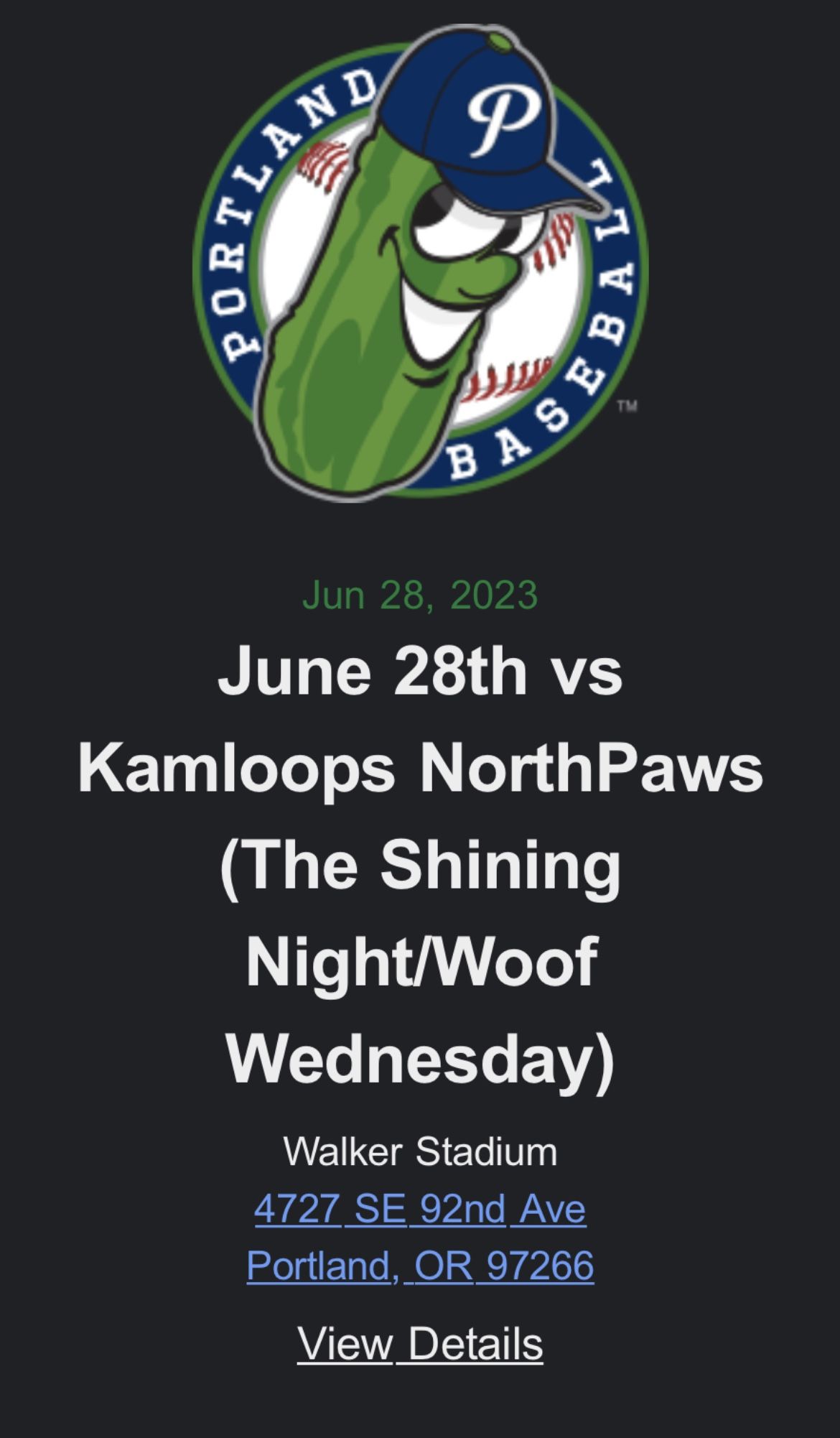 (2 Tickets) The Portland Pickles! Tickets - June 28th