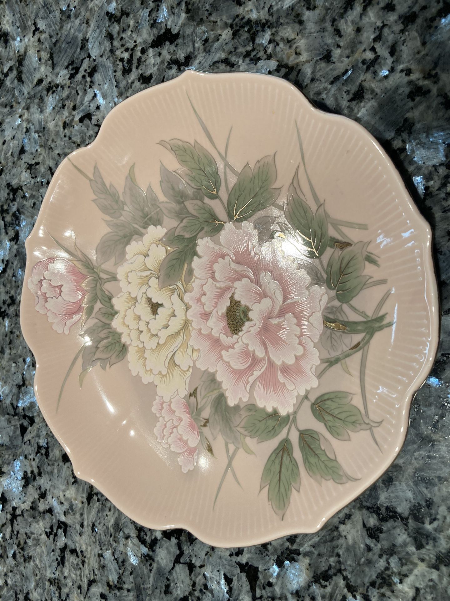 Vintage Toyo Victorian Peony Japan 8” Porcelain Pink Plate Scalloped Gold Rim