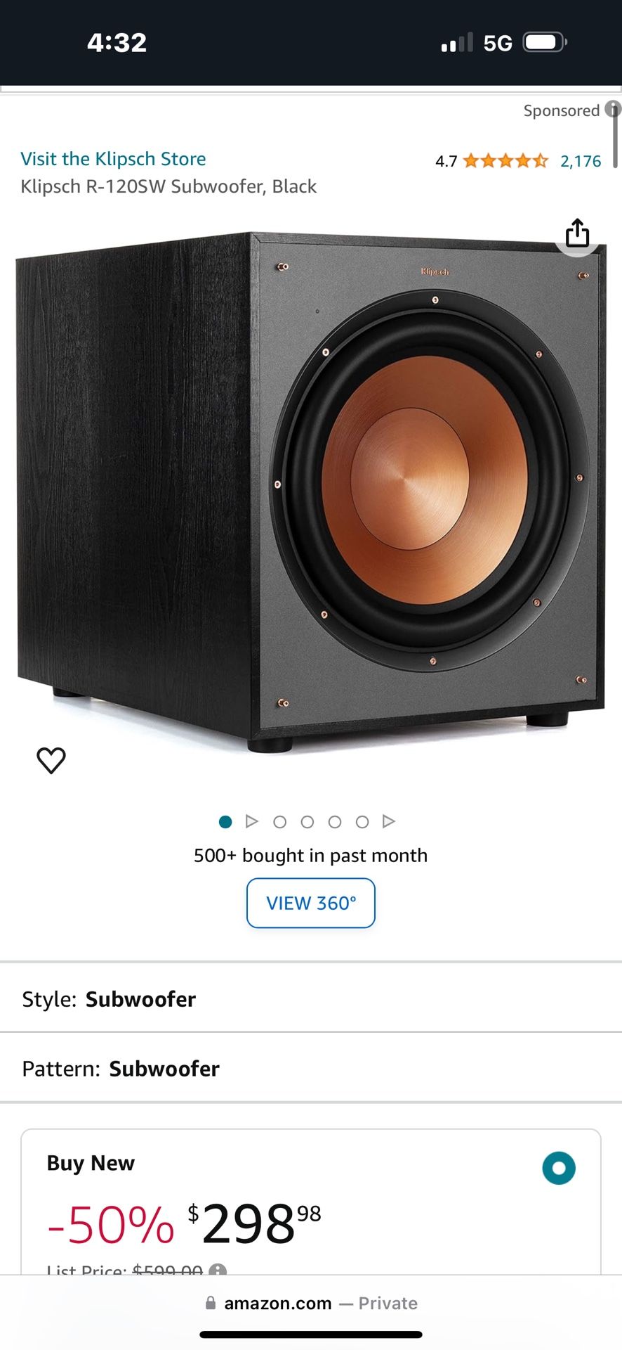 Klipsch R-120SW Subwoofer, Black