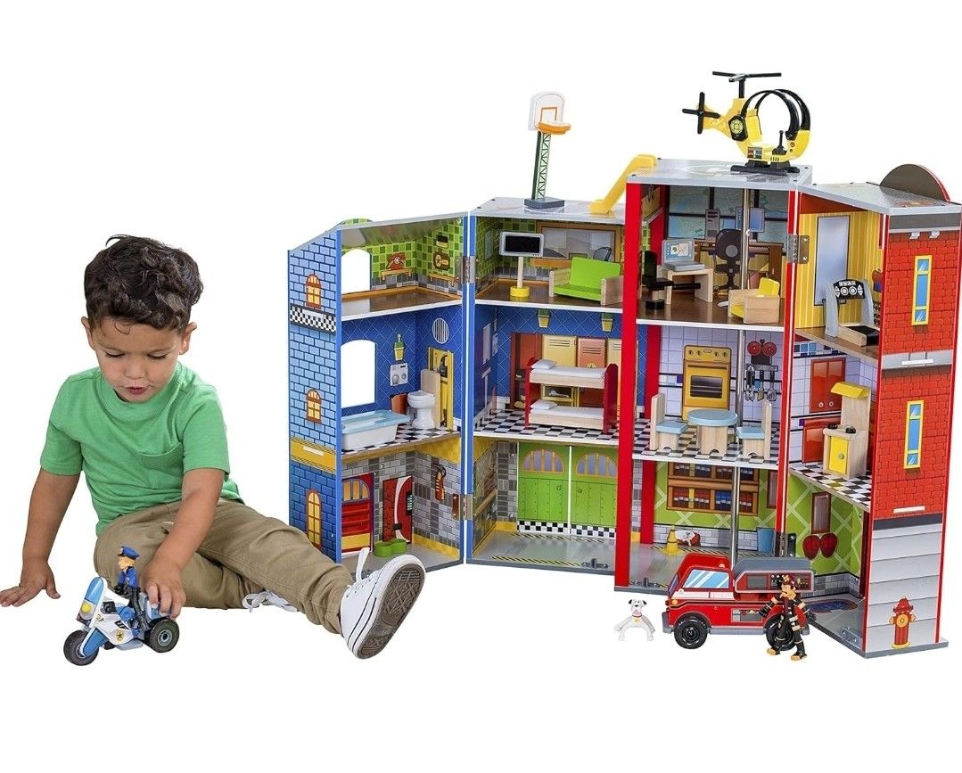 KidKraft Everyday Heroes Wooden Playset, 3-Story with 26-Piece Accessories, Foldable for Storage