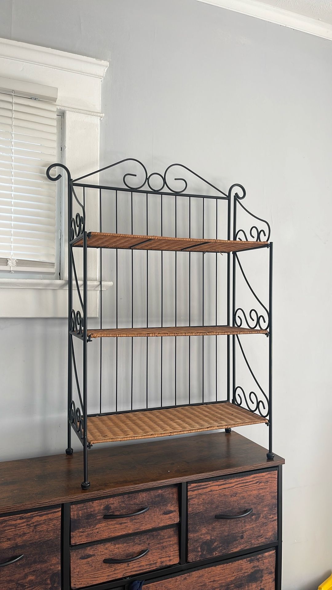 Vintage Style Black Wrought Iron / Wicker Baker's Rack Shelf