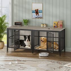 80 Dog Crate End Table, Heavy Duty 2-Door Indoor Pet Kennel, Multipurpose Dog House Furniture as TV Stand or Side Table for Living Room, Large & Mediu