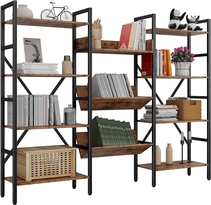 Bookcases and Bookshelves Triple Wide 4 Tiers Industrial Bookshelf, Large Etagere Bookshelf Open Record Player Shelves with Metal Frame ，Brown