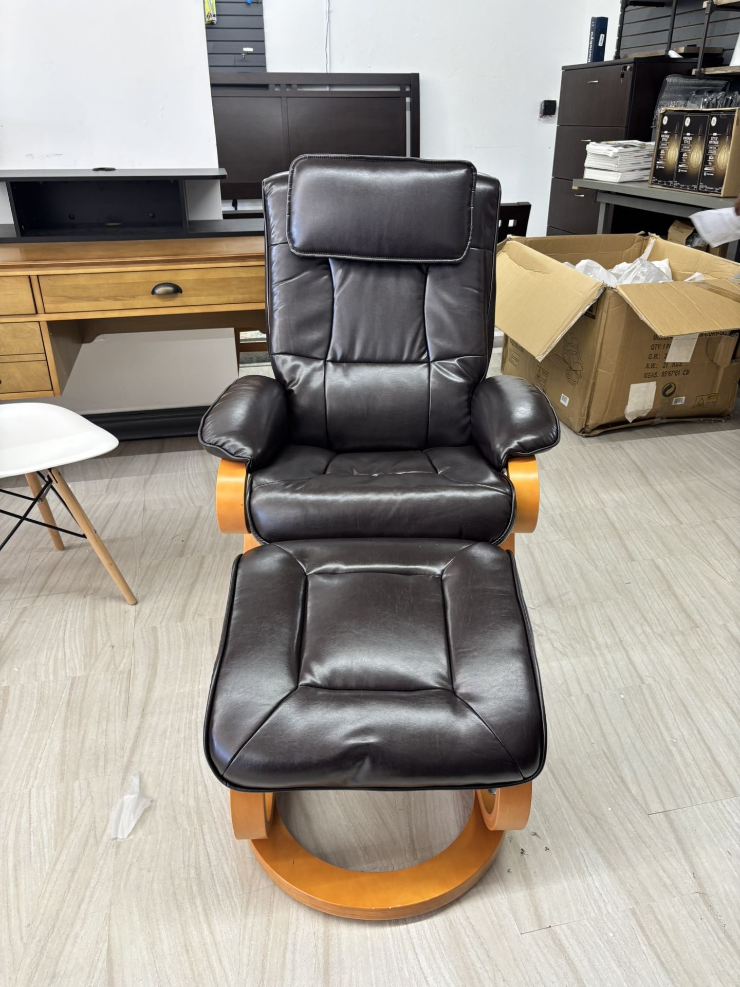 Bowery Hill Contemporary Brown Leather Soft Arm Recliner w/Ottoman