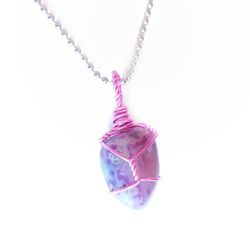 Purple dyed quartz pink wire wrapped stone pendant on 24" silver necklace new