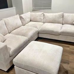 New Corduroy Sectional.  Beige, Grey, Green.  99” X 99”.  Free Delivery!