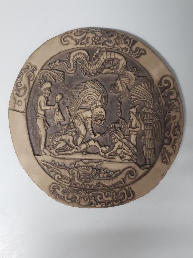 Mid Century Mayan Sacrifice Disk Clay-ceramic-pottery