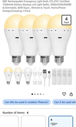 QBY Rechargeable Emergency Light Bulb, 4 Pack