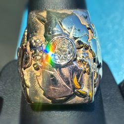 12k two tone yellow & rose gold Natural Diamond Dionysus Grape Leaf winemaker's ring sz10