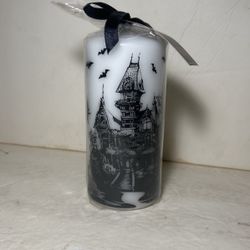 Halloween Haunted House, Witch, Bats, Ravens & Tombstones Real Wax Pillar Candle