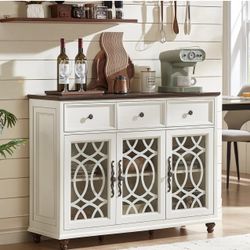 Farmhouse Sideboard Buffet Cabinet with Storage,48" Large Credenza with 3 Glass Doors & 3 Drawers,Adjustable Shelves Console Table,Wood Kitchen Coffee