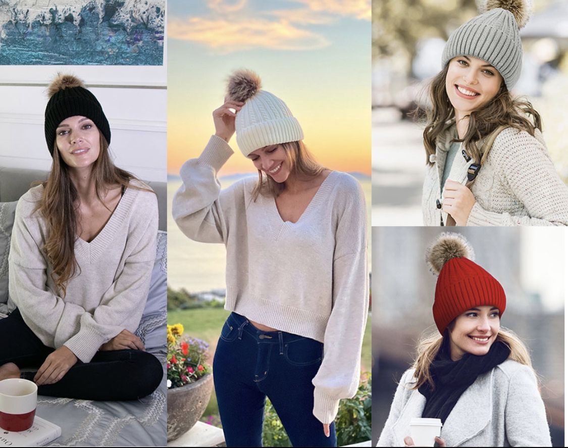 Winter Hats for Women Fleece Lined Beanie Faux Fur Pom Pom Warm Knit Skull X 3