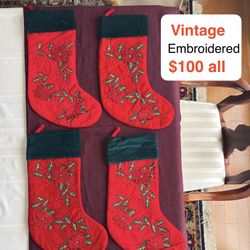 Vintage EMBROIDERED 3D Poinsettias and Holly berries Christmas stockings. Great Christmas decor