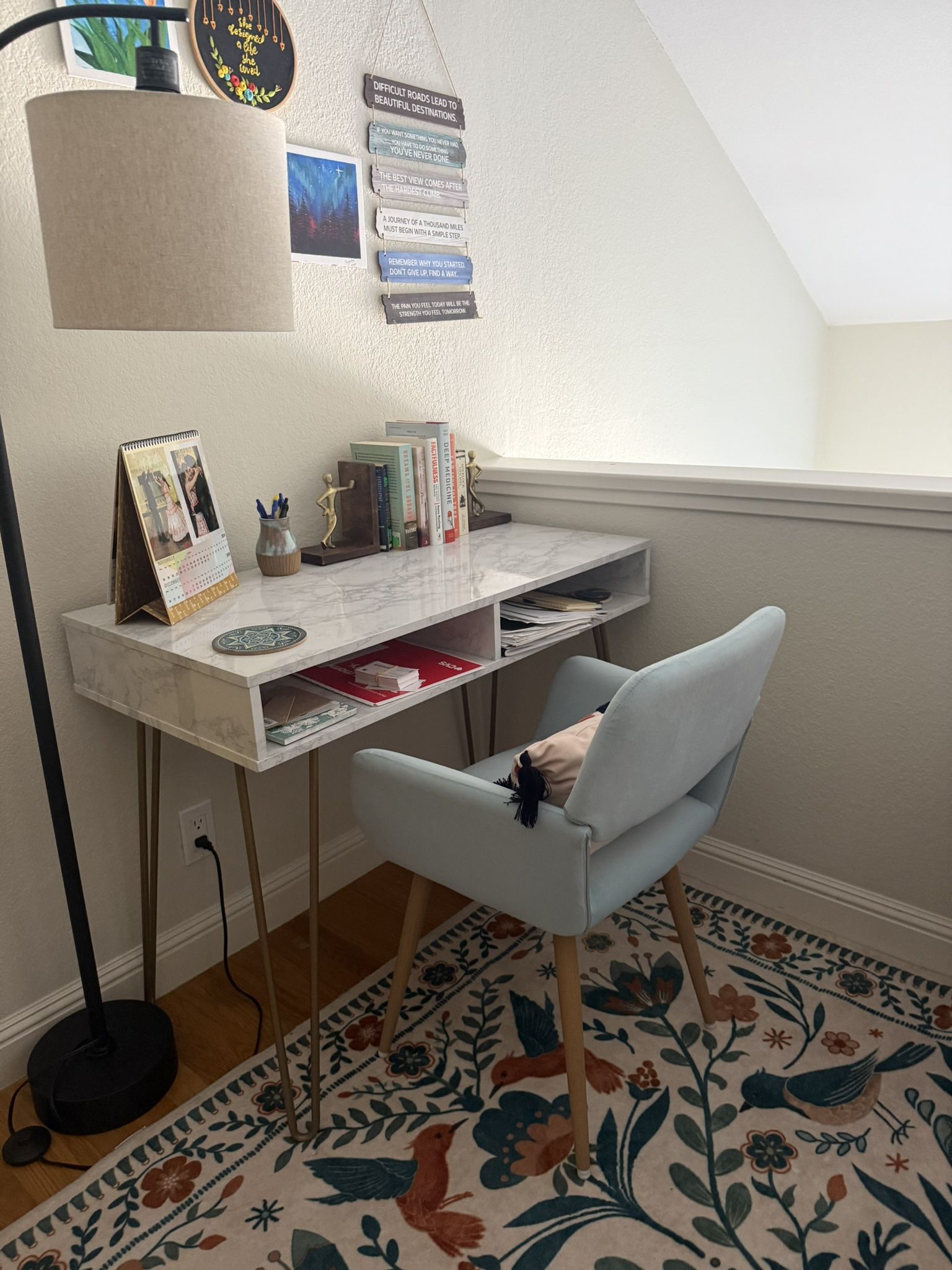 White Study table with blue chair