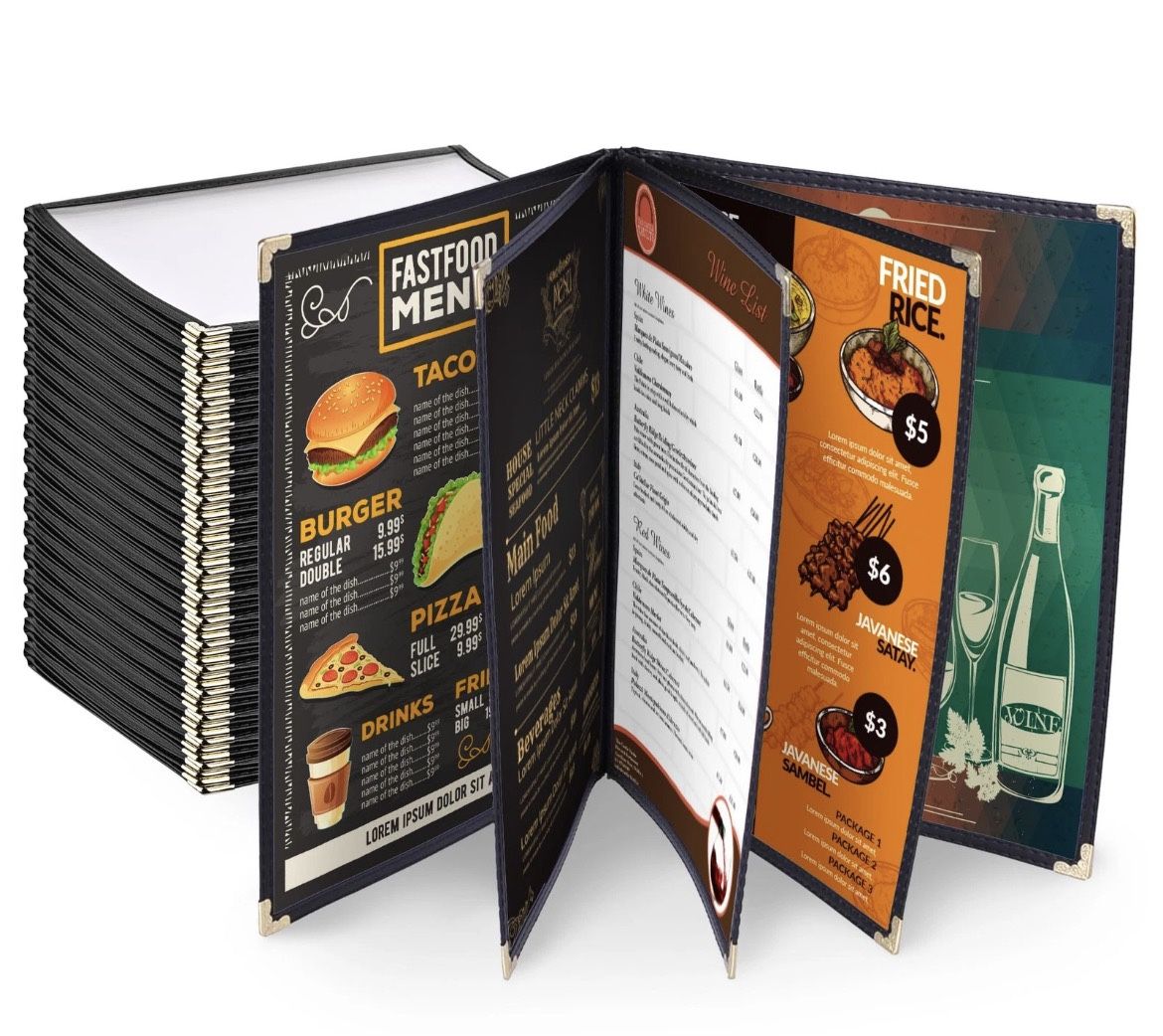 WeChef 20 Menu Cover 10 View Double Stitch Black Trim 8.5"x11" Fold 5 Page Book