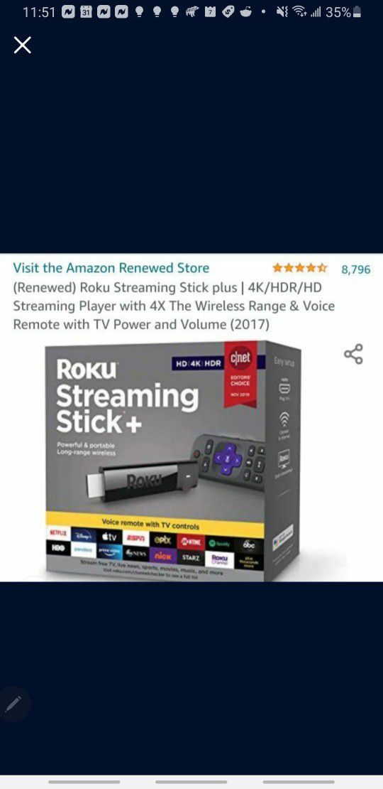 Roku Streaming Stick plus | 4K/HDR/HD Streaming Player with 4X The Wireless Range & Voice Remote with TV Power and Volume  
