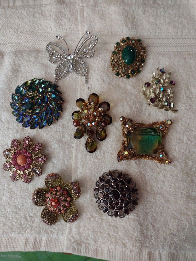 Nine Gorgeous Brooches/Pins Some Marked