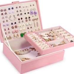 Jewelry Organizer Box, PU Leather Jewelry Boxes Necklaces Rings Earrings Holder Organizer Storage Case Double Layer Display Earrings Organizer Box Ele