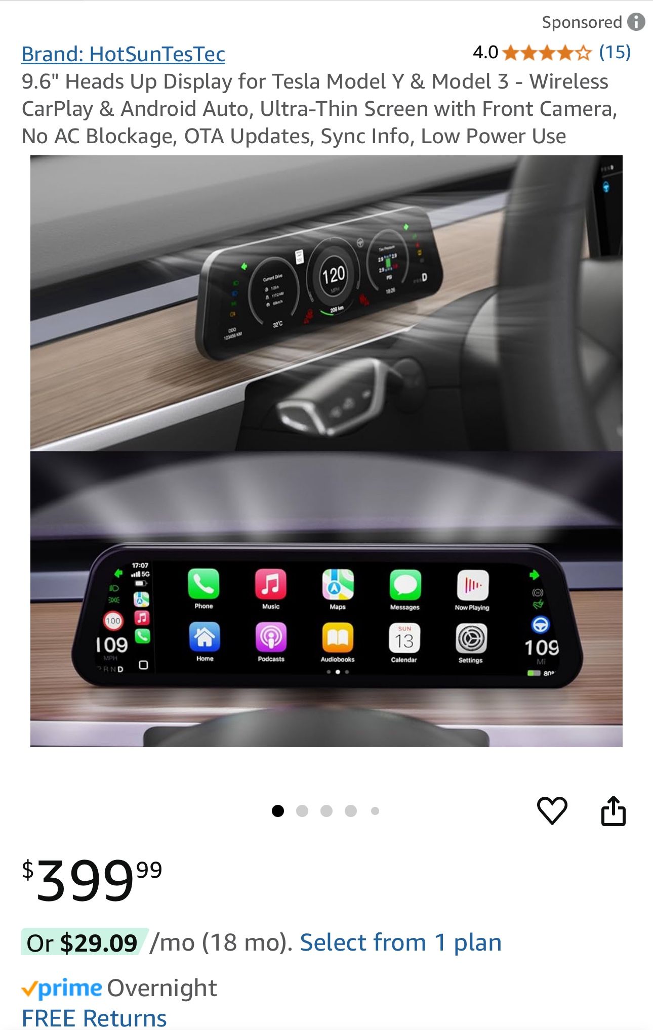 9.6" Heads Up Display for Tesla Model Y & Model 3 - Wireless CarPlay & Android Auto, Ultra-Thin Screen with Front Camera, No AC Blockage, OTA Updates,