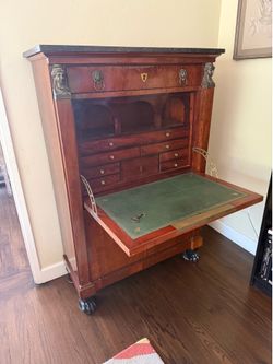 Antique French Empire Secretary Desk, 19th Century Marble Top Secretaire a Abattant, Mahogany Drop Front Desk