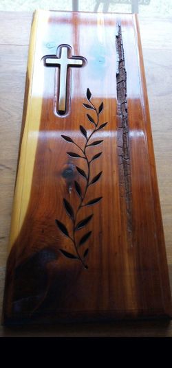 Cedar wood Wall Art. Cross And Leaf Design
